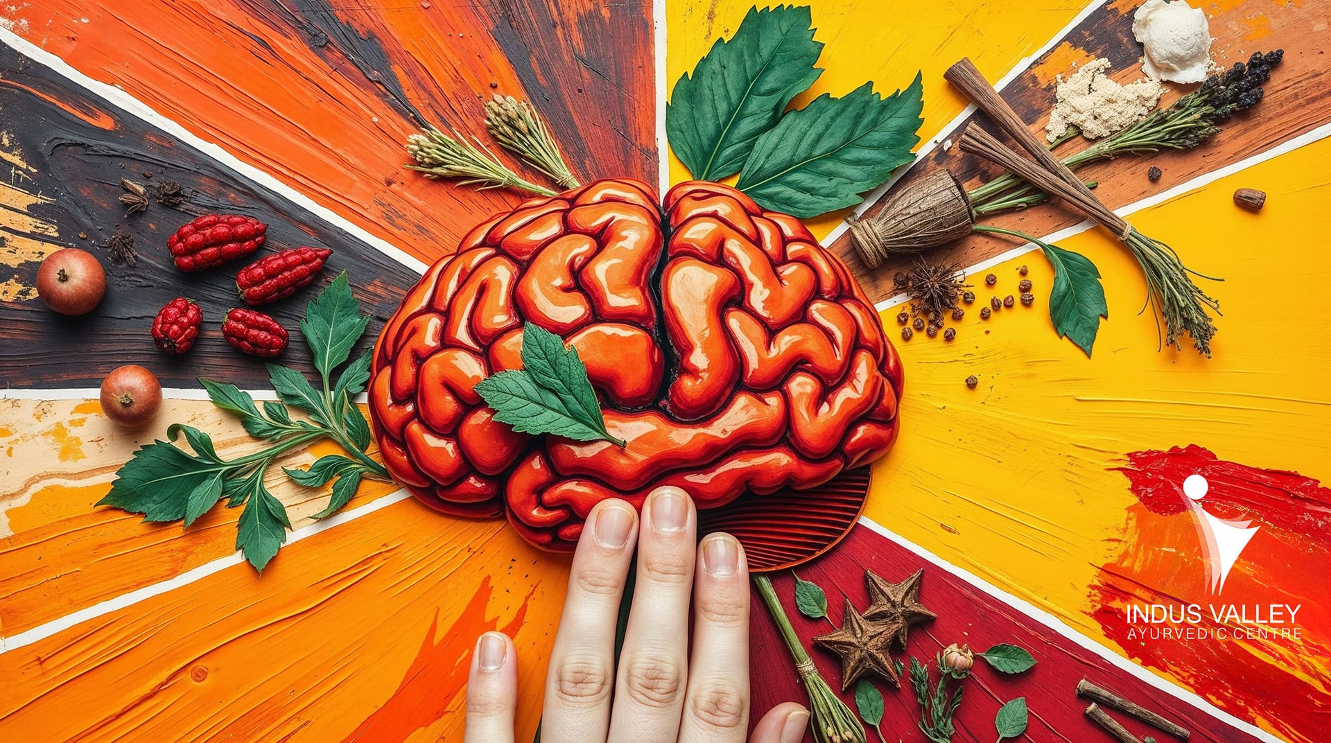 An artistic depiction of a human brain surrounded by vibrant Ayurvedic herbs, spices, and natural elements, symbolising the connection between holistic healing and mental clarity at Indus Valley Ayurvedic Centre. An artistic depiction of a human brain surrounded by vibrant Ayurvedic herbs, spices, and natural elements, symbolising the connection between holistic healing and mental clarity at Indus Valley Ayurvedic Centre.