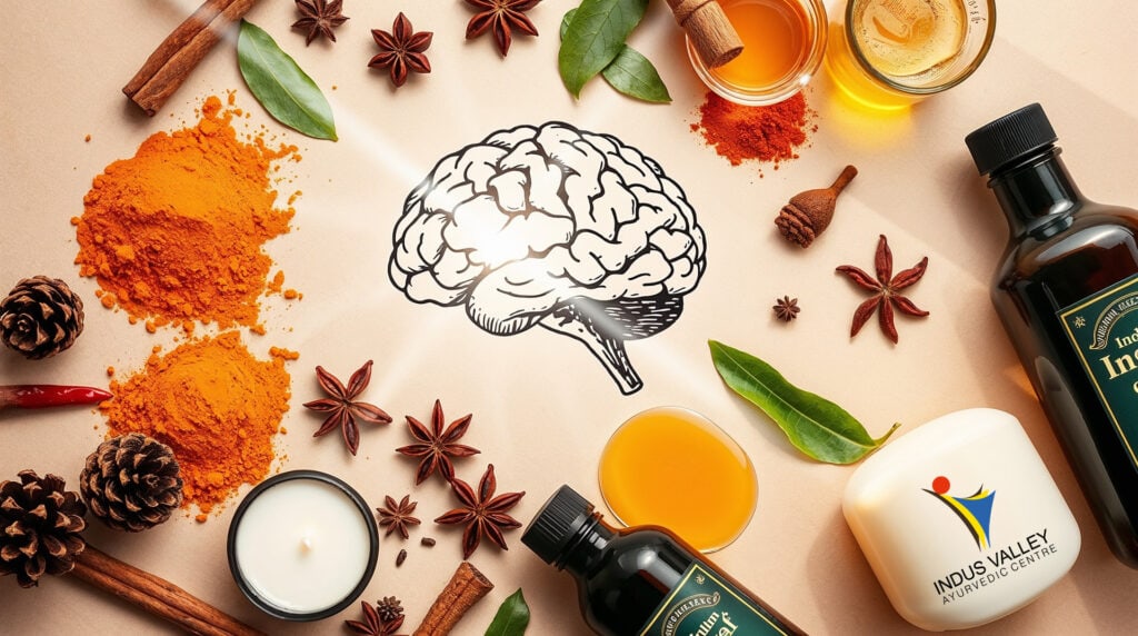 ayurvedic detox A conceptual representation of a human brain paired with Ayurvedic ingredients like turmeric, oils, and star anise, highlighting natural detoxification and the rejuvenating power of Panchakarma.
